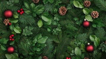 Festive Christmas Conifer Branches and Pinecones with Red Baubles and Greenery for Holiday Decor Background photo