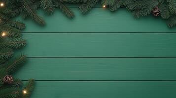 Festive Green Wooden Background with Fir Tree Branches Garland and Pine Cones for Christmas Holiday Design with Space for Text photo