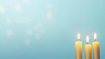 Hanukkah Abstract Glowing Candles and Stars of David on Light Blue Background with Bokeh Effect, Celebrating Jewish Festival of Lights, Symbolizing Tradition and Spirituality photo