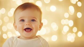 Happy Baby Smiling in Soft Warm Glow of Festive Lights Expressions of Joy and Wonder Childhood Bliss Holiday Charm Captured in Nostalgic Light Bokeh Celebration photo