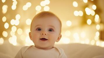 Happy Baby With Warm Golden Lights in Background, Soft Focus Festive Holiday Atmosphere, Baby Smiling Brightly in Front of Soft Glowing Lights, Capturing Joyful Innocence and Wonder photo