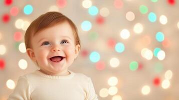 Happy Baby with Colorful Lights Bokeh Background in Warm Lighting, Joyful Expression, Trendy AR 169 Style, Captures Innocence, Smiling Infant Portrait, Holiday Celebration Vibe, Raw Personaliz photo