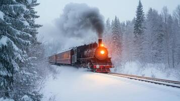 Historic Steam Locomotive on Snowy Track with Glowing Light in Winter Forest Landscape, Xmas Vintage Train Journey Through Winter Wonderland, Nostalgic Travel Experience Amidst Falling Snowflakes photo