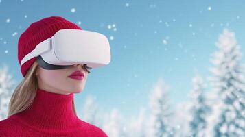 Woman Enjoying Virtual Reality in Winter Wonderland with Snowfall, Wearing Red Hat and Sweater, Highlighting Holiday Experience and Modern Technology in Scenic Snowy Forest Background photo