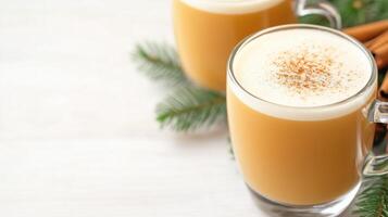 Hot Buttered Rum Cocktails in Glass Mugs with Cinnamon Sticks and Pine Sprigs on Light Wooden Background photo