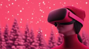 Festive Winter VR Experience with VR Headset in Red Snowy Wonderland Scene Featuring Virtual Reality Holiday Concept with Snowflakes and Pine Trees photo