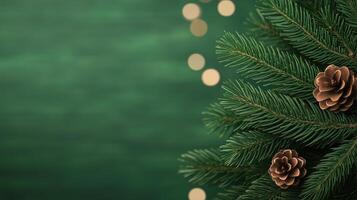 Green Fir Branches with Pine Cones on Blurred Holiday Background for Low Energy Consumption Blog and Eco-Friendly Design photo