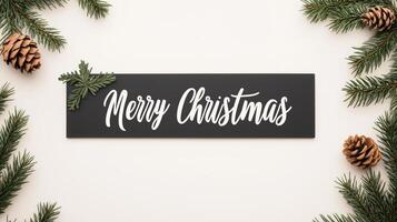 Elegant Black Card with White Cursive Merry Christmas Text, Surrounded by Pine Cones and Needles on White Background, Minimalist Holiday Design photo