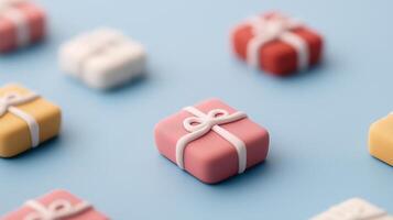 Neumorphic Button Set Shaped Like Wrapped Gifts on Soft Blue Background, Featuring Pastel Colors with Detailed White Ribbon Design for Modern Web Design and Minimal User Interfaces photo