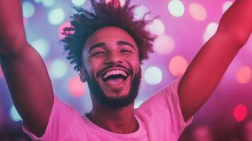 Vibrant Celebration Scene With Smiling Young Man in Colorful Party Atmosphere Under Neon Lights Expressing Joy and Happiness photo