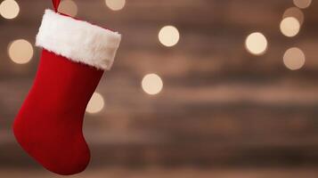 Personalized Digital Christmas Stocking with Cozy Red and White Design, Featuring a Festive, Warm Holiday Atmosphere and Subtle Bokeh Background for Seasonal Celebrations and Decorations photo