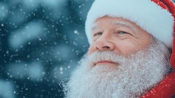 Joyful Santa Claus With Long White Beard and Festive Hat Amid Falling Snowflakes, Capturing the Spirit of Christmas in a Beautiful Winter Wonderland Setting photo