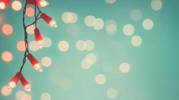 Festive Retro Holiday Website Background with Blinking Christmas Lights and Bokeh on Teal Background for Seasonal Design photo