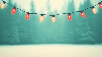 Retro Holiday Website with Blinking Christmas Lights Over Snowy Forest with Soft Focus, Capturing Vintage Festive Spirit for Seasonal Design and Winter Promotion, Highlighting Warm Tones photo