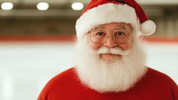 Santa Claus Smiling at Roller Skating Rink Wearing Classic Christmas Outfit and Glasses with White Beard photo