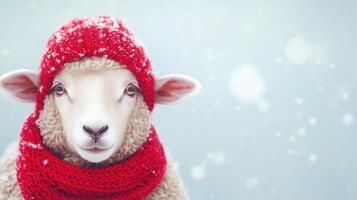 Adorable Sheep in Red Knitted Winter Scarf and Hat with Snowy Background photo