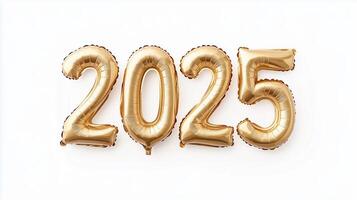 Shiny Gold 2025 Balloons on White Background for New Year Celebration and Festive Decorations in Modern Style photo