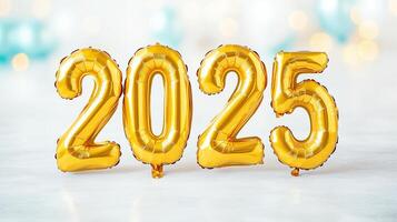 Shiny Gold 2025 Balloons for New Year Celebration with Festive Bokeh Background, Party Decoration, and Event Planning photo
