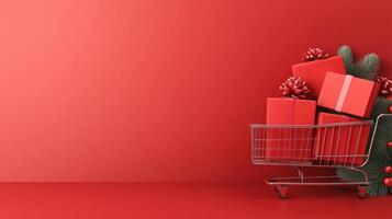 Red Shopping Cart Overflowing with Christmas Presents and Festive Ornaments Against a Bright Red Background for Holiday Shopping and Seasonal Decor Concepts photo