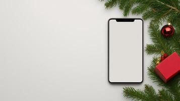 Smartphone Mockup Featuring Christmas Elements with Pine Branches, Red Ornament, Gift Box, and Minimalist Design for Holiday-Themed Graphics, Product Showcases, and Seasonal Promotions photo