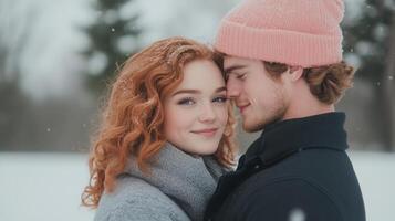 Xmas Love Young Couple in Winter Attire Embracing Outdoors with Snowfall in Scenic Forest Setting photo