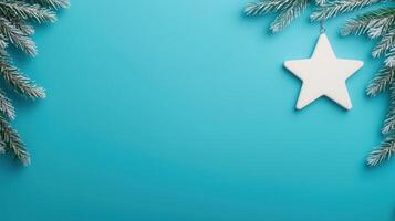 Star of David Ornament on Blue Background with Festive Garland and Frosted Pine Branches for Hanukkah Decoration and Seasonal Celebration photo