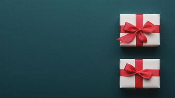 Elegant White Gift Boxes with Red Ribbons and Bows on Dark Green Background for Celebration and Holiday Design photo