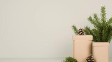 Sustainable Holiday Gift Catalog Featuring Eco-Friendly Packaging with Pine Cones and Evergreen Branches in Minimalist Style on Neutral Background photo