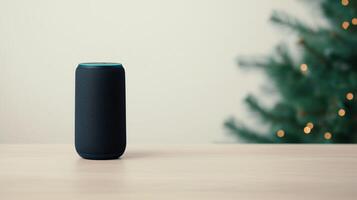 Voice Activated Holiday Shopping Website Concept Featuring Smart Speaker on Minimalist Background with Christmas Tree, Highlighting Convenient Gift Searches and Seamless Purchasing Experience photo