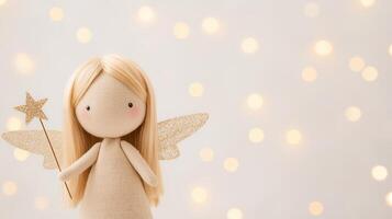 Enchanting Fairy Doll with Golden Wings and Star Wand Amidst Soft Holiday Glow Bokeh Background for Whimsical Fantasy and Festive Magic photo