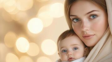 Mary Holding Baby Jesus With Ethereal Golden Bokeh Background Creates A Serene And Peaceful Atmosphere Highlighting A Timeless Theme Of Love And Devotion In A Spiritual And Inspirational Tone photo