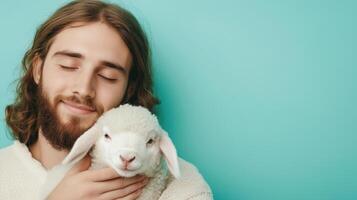 Jesus Holding a Lamb in Gentle Embrace Against a Turquoise Background Illustrating Easter Themes of Peace, Compassion, and Spiritual Connection with Nature in a Serene and Calming Portrait photo