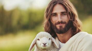Jesus Christ Holding Lamb in Serene Field Setting for Easter Holiday with Focus on Compassion and Spirituality in Tranquil Nature Scene photo