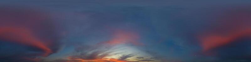 Panorama of a dark blue sunset sky with pink Cumulus clouds. Seamless hdr 360 panorama in spherical equiangular format. Full zenith for 3D visualization, sky replacement for aerial drone panoramas. photo