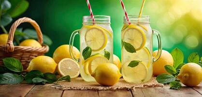 Lemonade with lemons and mint leaves, tall glass of lemonade on rustic wooden table. Served chilled, enhancing freshness, evokes sense of summer refreshment. photo