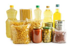 Foodstuffs in donation box isolated on white background with clipping path for volunteer to help people. photo