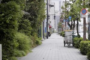 typical street in Tokyo, Japan in overcast day, road, traffic and buildings photo