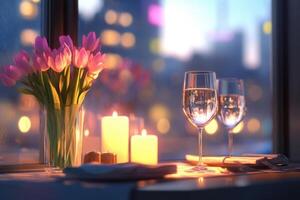 romantic dinner setting on the table in the restaurant . photo