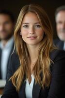 A confident young businesswoman discussing strategies with her team in a collaborative workspace. photo