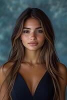 A professional portrait of a young woman in business attire, exuding confidence while making direct eye contact with the lens. photo