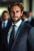 A confident young businessman networking at an industry event, engaging with peers and potential clients. photo