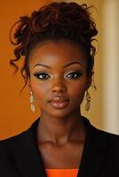 A vibrant headshot of a beautiful young executive with a confident expression, dressed in formal business attire, looking directly at the viewer. photo