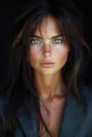 A portrait of a young businesswoman with bright eyes and a professional outfit, exuding confidence while looking directly into the lens. photo