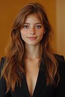 A vibrant headshot of a beautiful young executive with a confident expression, dressed in formal business attire, looking directly at the viewer. photo