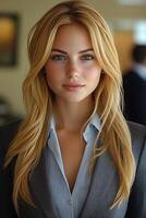 A close-up portrait of a confident young woman in business attire, smiling softly while looking straight at the camera. photo