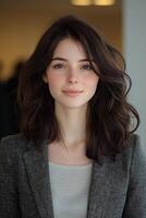 A close-up portrait of a confident young woman in business attire, smiling softly while looking straight at the camera. photo