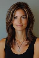 A striking image of a young female entrepreneur with shoulder-length hair, confidently posing and making eye contact with the camera. photo