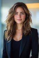 A close-up portrait of a confident young woman in business attire, smiling softly while looking straight at the camera. photo