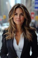 A dynamic headshot of a young female entrepreneur, radiating confidence as she looks directly at the viewer in an urban setting. photo