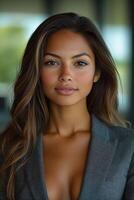 A poised young businesswoman standing in front of a large window, making eye contact with the camera and radiating confidence. photo